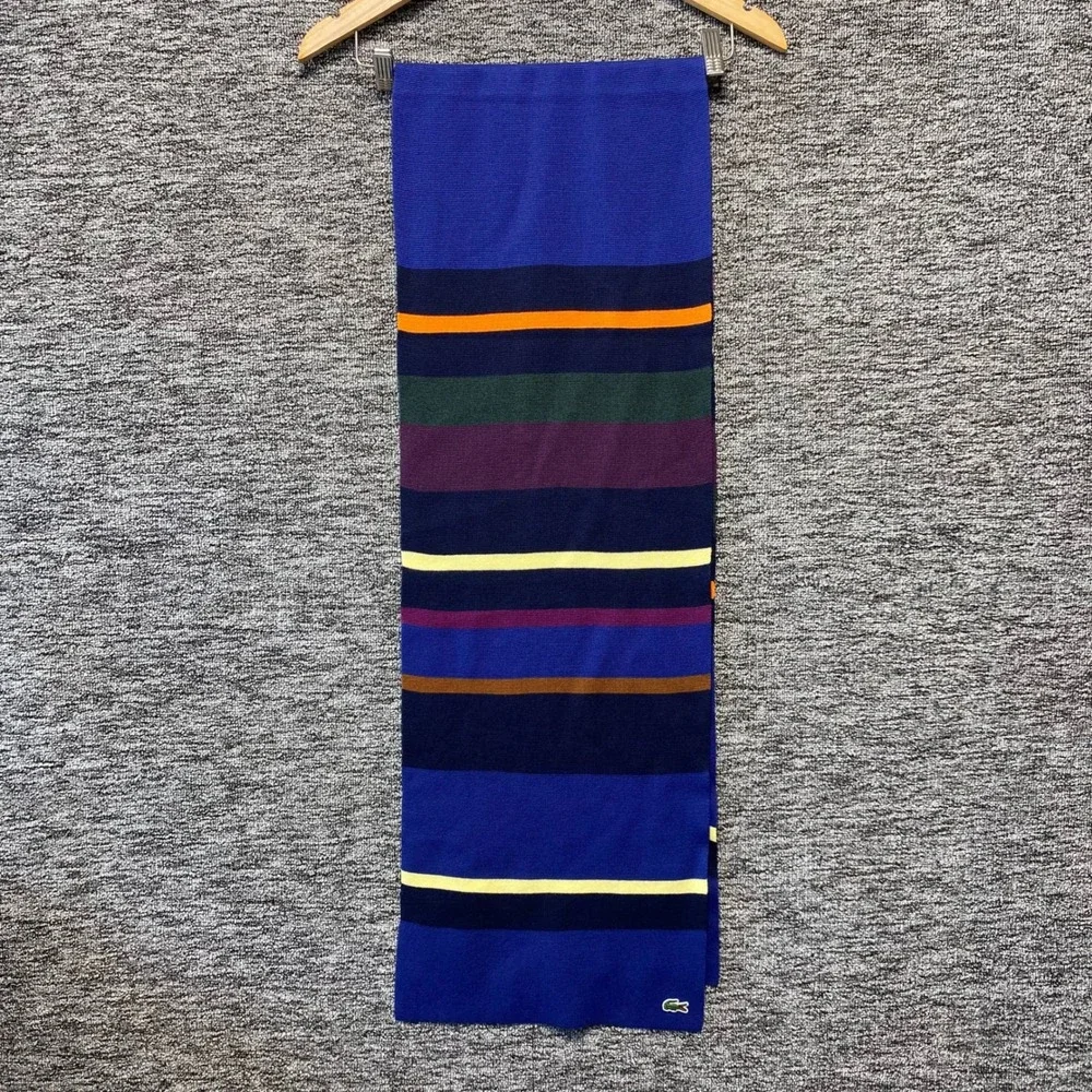 Lacoste NWT Cotton Wool Blend Striped Knit Scarf Blue Multicolor One Size
